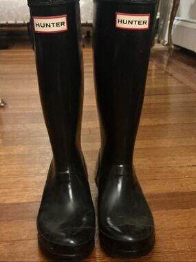 Hunter Glossy Black Tall Rain Boots with Logo